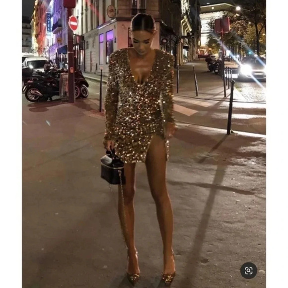 PrettyLittleThing Dresses & Skirts - Moving Sale! 💘 PLT Gold Sequin Deep Plunge Detail Bodycon Dress